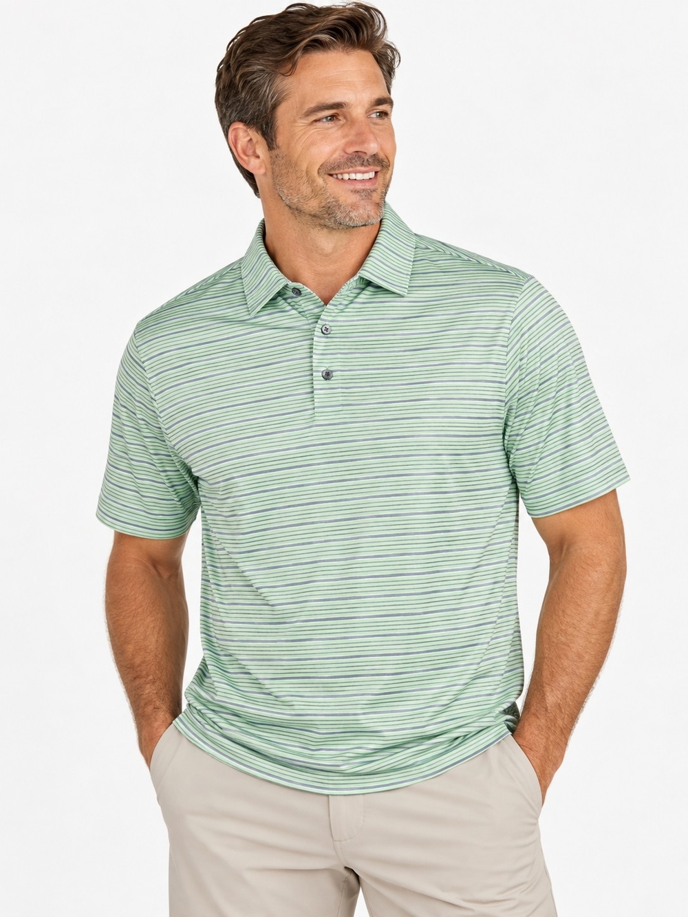 FootJoy FJ Men’s XL Golf Polo Shirt Green Gray Striped Stretch Performance